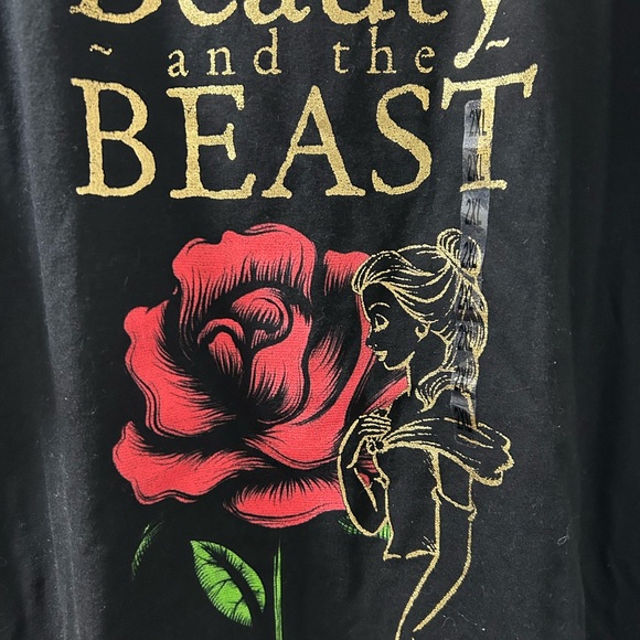Disney Black Short Sleeve Tee with Red Rose and Gold Text - Picture 2 of 5